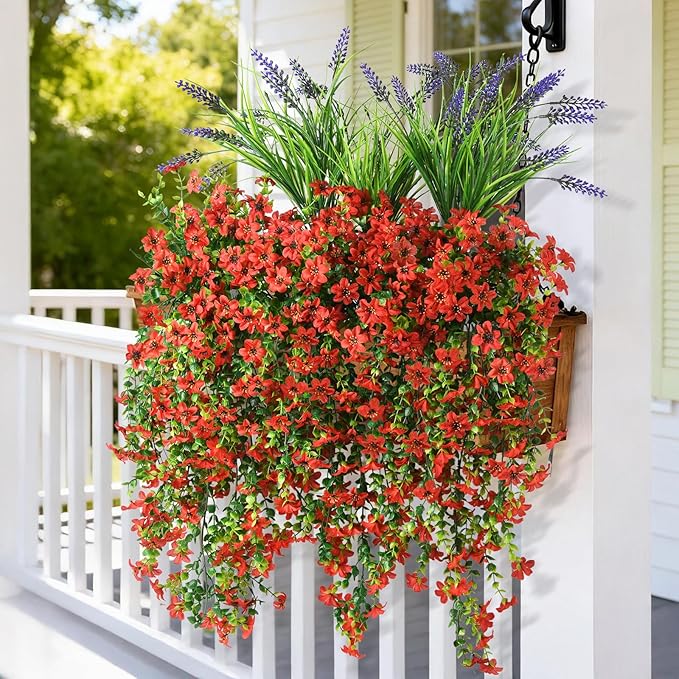 Artificial Fake Flowers Plants for Outdoor Decoration,3 Pcs Faux Hanging Flowers with Lavender Spring Summer Decor,UV Resistant Realistic Fake Silk Flowers for Planter Balcony Yard Porch Garden Decor