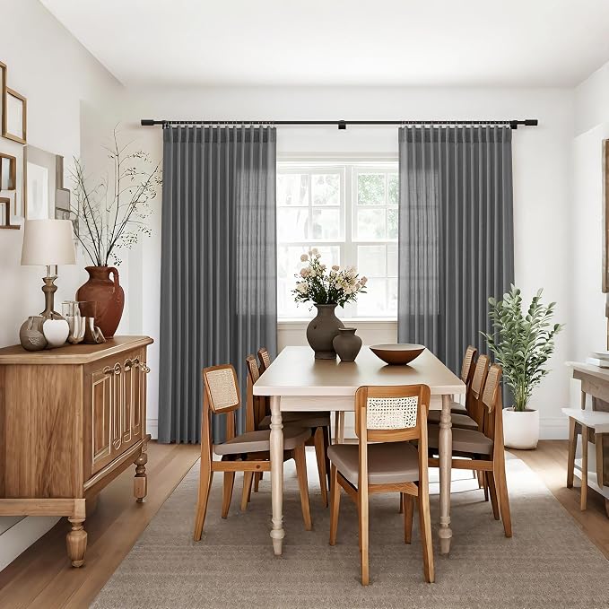 Jowels Dark Grey Linen Curtains 96 Inch Long 2 Panels for Living Room | Light Filtering Semi Sheer Curtain, Back Tab Pocket Pleated Look, Boho Farmhouse Textured Privacy Drapes for Bedroom Window