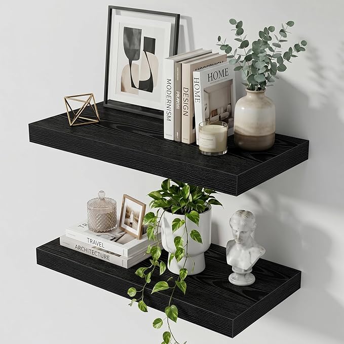 Acovy 24 Inch Floating Shelves for Wall,12" Deep Floating Shelf Set of 2 with Invisible Brackets,Rustic Farmhouse Wall Mounted Shelf for Kitchen,Bathroom,Living Room,Bed Room,Black