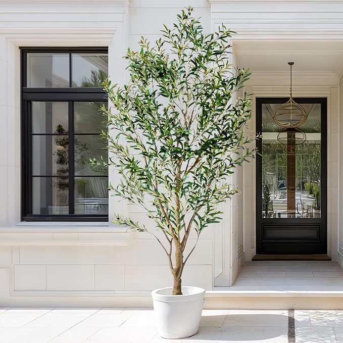 8FT Artificial Olive Tree with Realistic Leaves & Natural Trunk, Faux Silk Olive Plant in White Planter, Tall Fake Tree for Modern Home Office Living Room Entryway Corner Decor, Maintenance Free