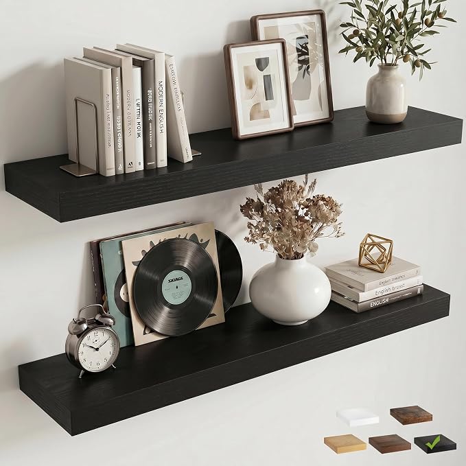 36 Inch Floating Shelves for Wall, 8"D Wood Storage Shelves, Black Finish | Engineered Wood, Invisible Bracket, Large Storage, Easy Install, Hold Up to 55lbs, Living Room, Bathroom, Bedroom, Kitchen