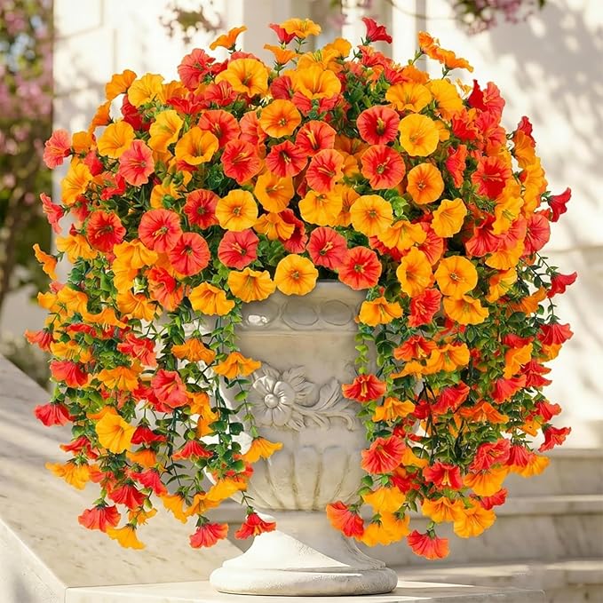 Ivydale 2 PCS Artificial Hanging Flowers Fake Plants Outdoor,Silk Morning Glory Faux Flowers with Eucalyptus Leaves,UV Resistant Realistic Hanging Plants for Home Garden Decor (Yellow+Orange)