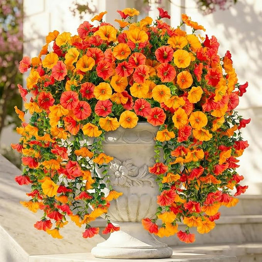 Ivydale 2 PCS Artificial Hanging Flowers Fake Plants Outdoor,Silk Morning Glory Faux Flowers with Eucalyptus Leaves,UV Resistant Realistic Hanging Plants for Home Garden Decor (Yellow+Orange)