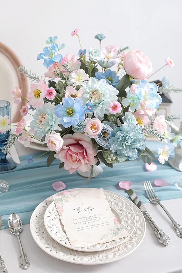 rongflower Artificial Flowers Combo Box Set Silk Flowers Fake Rose for DIY Floral Arrangements Wedding Bouquets Centerpieces Baby Shower Party Home Decorations (Blue Pink)