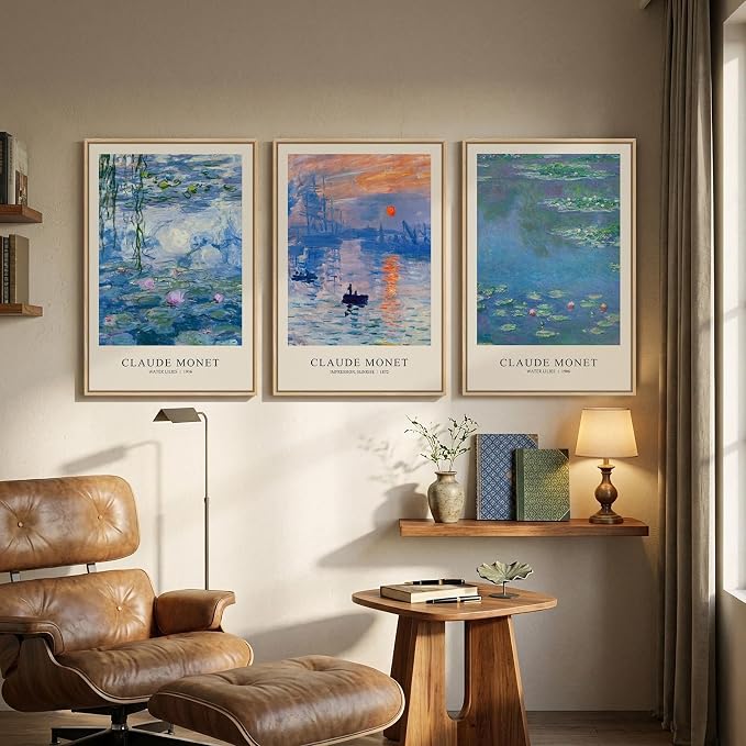 Framed Claude Monet Landscape Wall Art for Living Room, 3 Piece Impressionist Canvas Picture Artwork for Walls, Classic Blue Lake Water Lilies Prints Painting for Bedroom Dining Room Hallway, 16x24 In