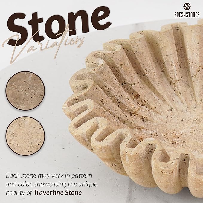 Marble Large Decorative Bowl Handmade 10 Inch Travertine Ruffle Bowl, Scalloped Bowls for Home Decor, Modern Fruit Bowl for Kitchen Counter, Stone Fluted Bowl for Housewarming Gifts