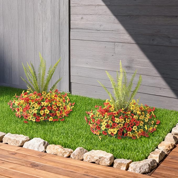 INQCMY Artificial Flowers for Outdoor 12 Pcs Faux Silk Daisy and 1 Pcs Fake Long Leaved Grass UV Resistant Tall Ferns for Home Doorway Courtyard Garden Backyard Decorative