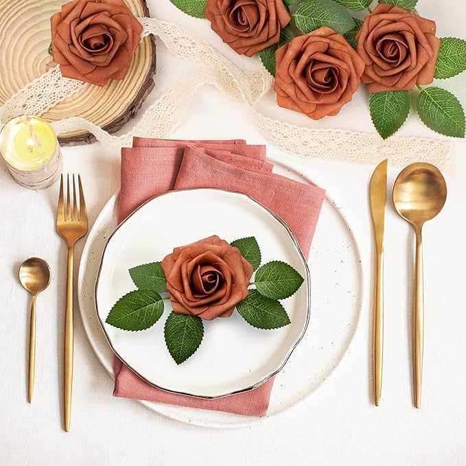 Mocoosy 50Pcs Burnt Orange Flowers Artificial Rose, Rust Fake Rose for Decoration, Real Touch Terracotta Foam Roses with Stems Wedding Bridal Shower Mother's Day Floral Arrangement Party Home Decor