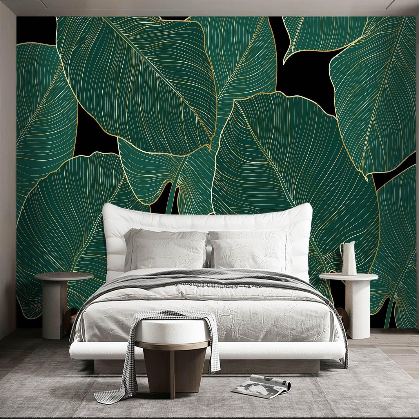 Black and Gold Leaf Mural Bedroom Tropical Green Botanical Wallpaper Room Plant Decor Living Room tv Background Large Wall Mural - 91"x65" (Not Peel and Stick)