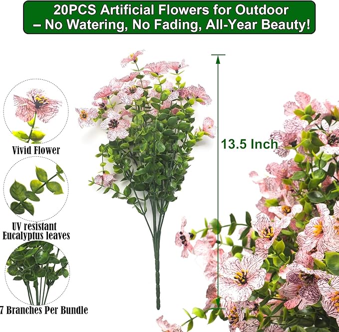 Grunyia 20 Bundles Artificial Flowers for Outdoors, UV Resistant Fake Plants Flowers Greenery Shrubs Plants for Decoration Outside Plants Hanging Planter Home Garden Decor (Pink)