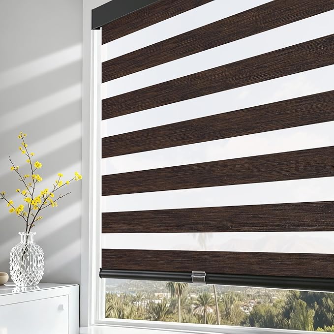 AOSKY Custom Cordless Zebra Blinds for Windows Pull Down Roller Window Shades Dual Layer Light Filtering Privacy for Day and Night, Free-Stop Door Shades for Home Brown
