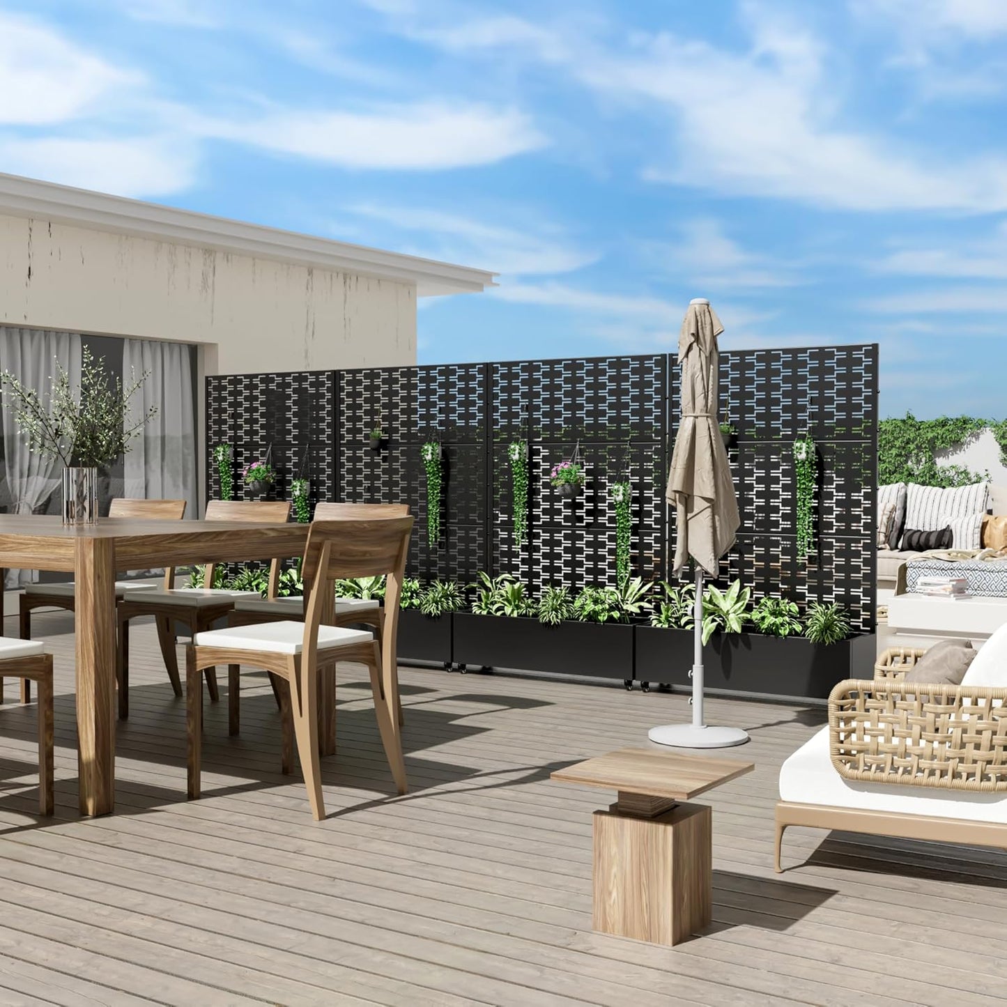 Casaphoria Metal Raised Garden Bed with Trellis and Wheels, 47"x47"x16" Planter Box for Climbing Plants, Vegetables & Vines, Features Drainage Holes and Privacy Screen, Black-Square