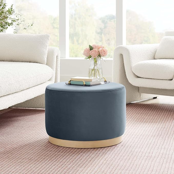 Modway Tilden 23 Inch Round Performance Velvet Upholstered Ottoman in Cadet Blue Natural - Round Ottoman Foot Rest with Rubberwood Plinth Base - Living Room Ottoman Side Table or Ottoman Coffee Table