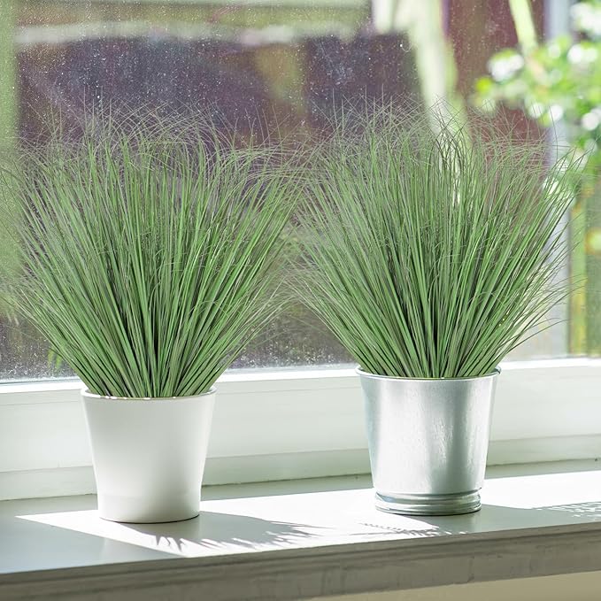 24 Bundles Artificial Plants Onion Grass Outdoor 20 Inch Tall Fake Shrubs Wheat Grass UV Resistant Greenery Stems Faux Bushes Plant for Indoor Outdoor Garden Office Home Decor, Light Green