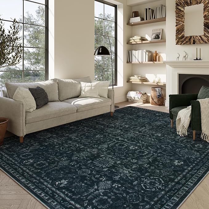 Lahome 9x12 Black Moody Rug for Living Room, Dark Academia Basement Rug | Vintage Washable Non Slip Non Shedding Soft Carpet for Dining Room Bedroom