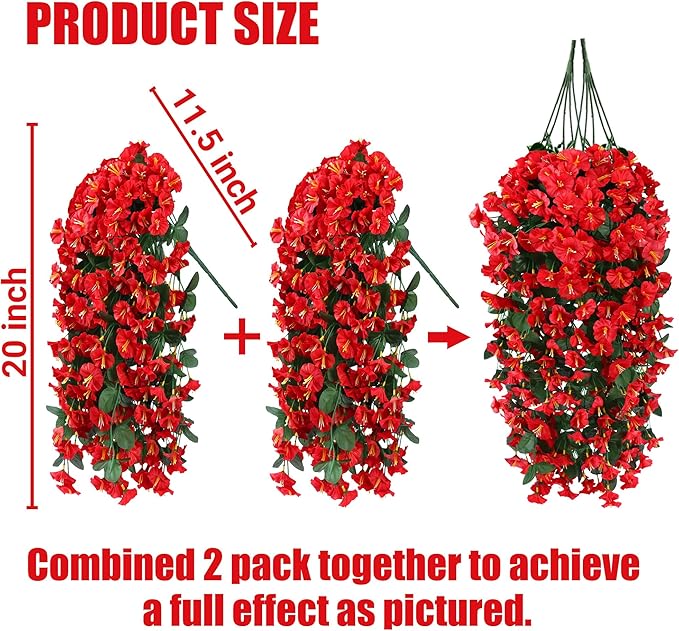Sggvecsy Artificial Fake Hanging Flowers Plants for Outdoor Outside Spring Summer Decoration 2PCS Faux Silk UV Resistant Realistic Morning Glory Trailing Vines for Home Porch Patio Balcony(Red)