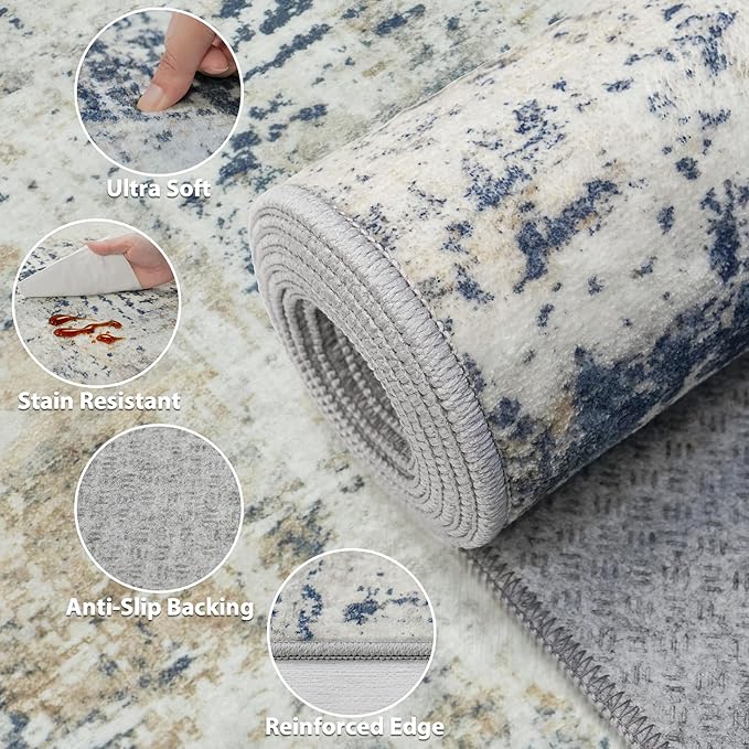 Washable Rug 6x9 Area Rugs: Soft Large Living Room Rug with Anti-Slip Backing Non-Shedding Stain-Resistant Modern Abstract Carpet for Bedroom Dining Room Nursery Home Office Blue Brown
