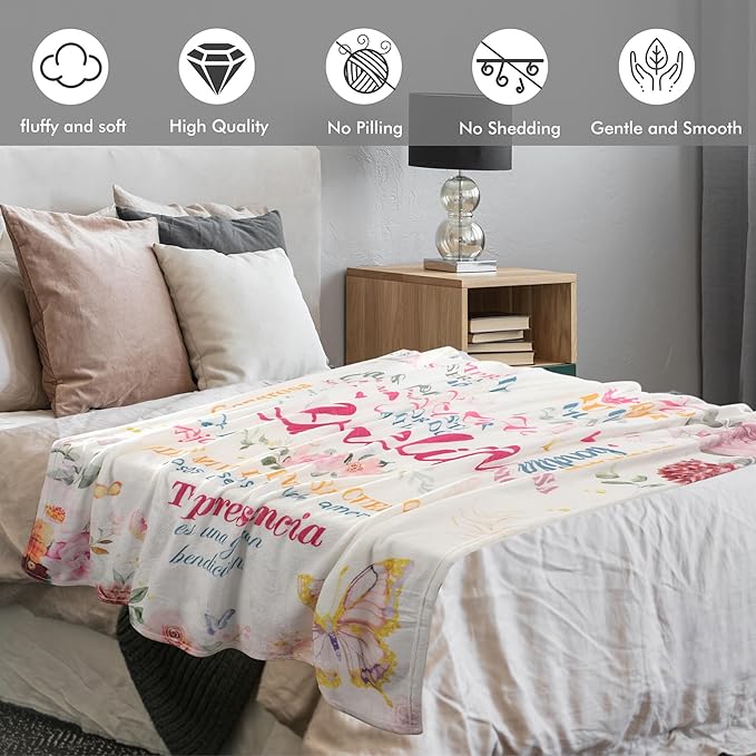Abuela Gifts Manta in Spanish, Grandma Gifts from Grandkids, Gratitude Quotes Flowers Print Soft Cozy 50x60 Throw Blanket Regalos para Abuela, Home Decor for Bed Sofa