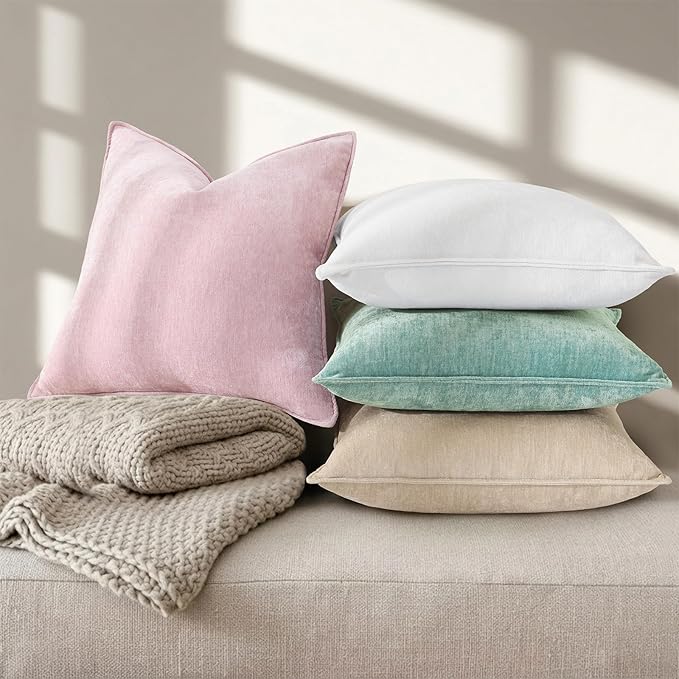 decorUhome Summer Couch Euro Sham Throw Pillow Covers 22x22 Set of 2, Decorative Soft Velvet Modern Cozy Chenille Pillow Cases with Elegant Design for Sofa Bed Living Room Home Decor, Cream White