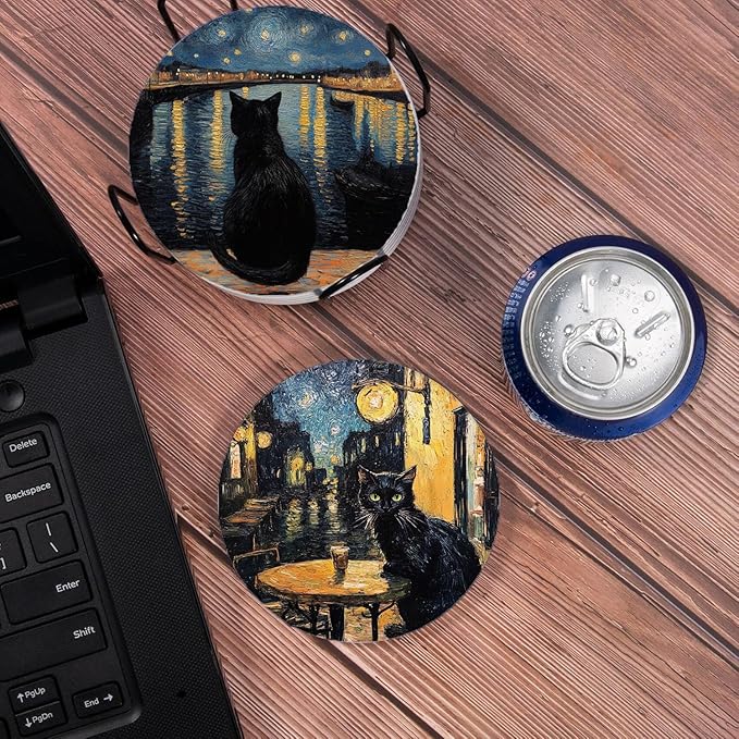 Drink Coasters for Drinks Set of 6, Art and Black Cat Absorbent Round Ceramic Stone Mat Coaster, with Cork Base and Metal Holder, Home Bar Decor House Warming Gift