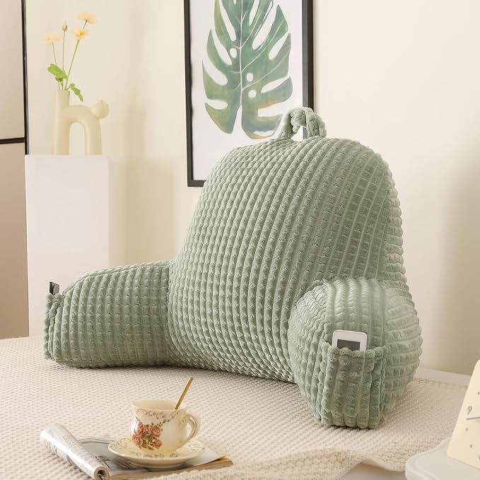 Reading Pillow with Arms for Bed Sitting,Green Flannel | Large Supportive Backrest with Arms Helps Ease Neck,Shoulder & Arm Strain While Gaming Reading or Watching TV
