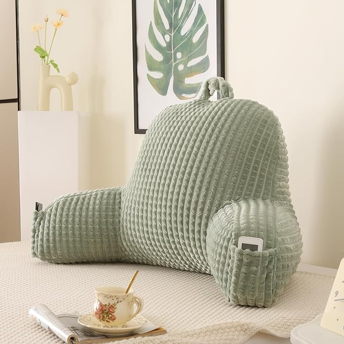 Reading Pillow with Arms for Sitting in Bed,Backrest,Green Flannel,M | 17" Backrest Supports Back for College Students,Elbows & Forearms for Dorm Reading,Gaming,Watching TV