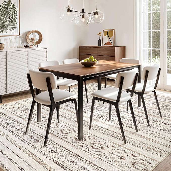 cotiled 8x10 Area Rug Living Room: Washable Boho Rugs with Non Slip Backing Large Soft Indoor Stain Resistant Carpet for Bedroom Farmhouse Dining Room Lightweight Home Decor Cream Brown