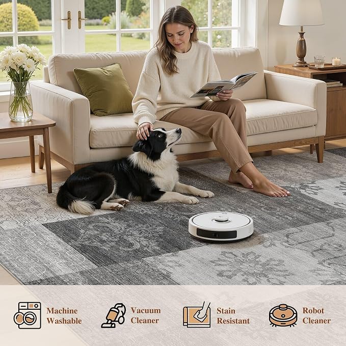UERMEI 8x10 Area Rug for Living Room - Washable Vintage Carpet, Non-Slip Soft Large Indoor Floor Rugs for Bedroom Home Office & Under Dining Table Decor, Gray Block
