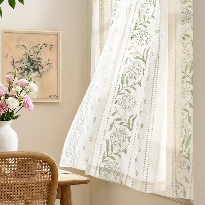 jinchan Winslow Linen Kitchen Curtains 36 Inch Length Small Window Curtains Embroidered Bordered Floral Drapes Light Filtering for Bathroom Laundry Room Farmhouse Decor Green on Beige 2 Panels