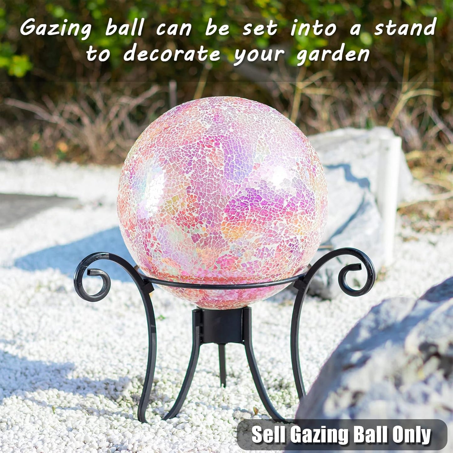 VCUTEKA Gazing Ball, Iridescent Crackled Glass Mosaic Gazing Balls Sphere for Garden Lawn Outdoor Ornament Yard Decorative, 10-Inch, Pink