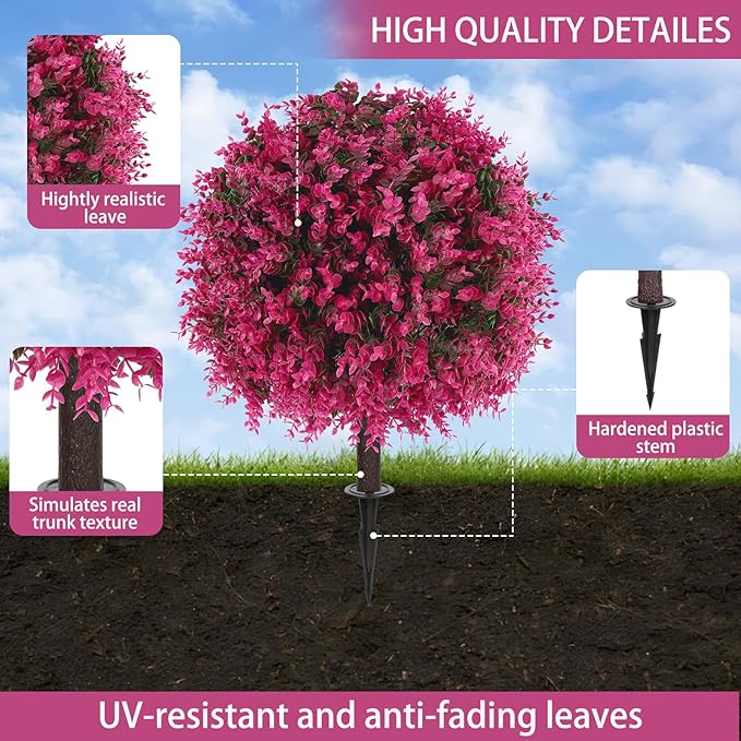 Yangrass Artificial Pink Eucalyptus Topiary Ball Trees with Ground Spike, Set of 2 UV Resistant Artificial Shrubs, Fake Evergreen Artificial Plant Bushes for Indoor Outdoor Front Porch Garden