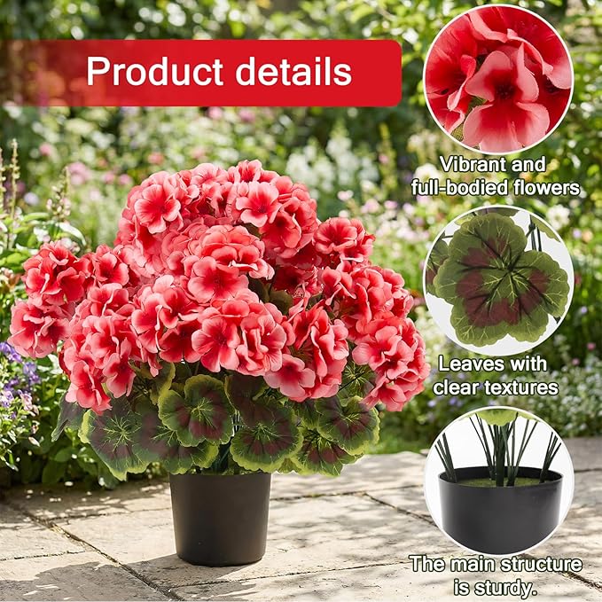 lovemoon 2Set Geranium Potted Artificial Flowers,Fake Geranium Plants for Outdoor Home Décor Office Tables Porch Garden Decor (2, Peach)