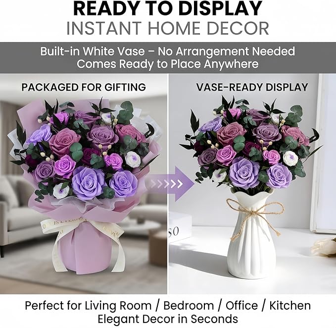 XTYFJGVA 16 Preserved Purple Roses Bouquet, Flowers for Delivery, Real Roses That Last 1-3 Years, Birthday Gifts for Women, Forever Flower Gifts for Mom, Wife, Grandma, Her on Mothers Day, Anniversary