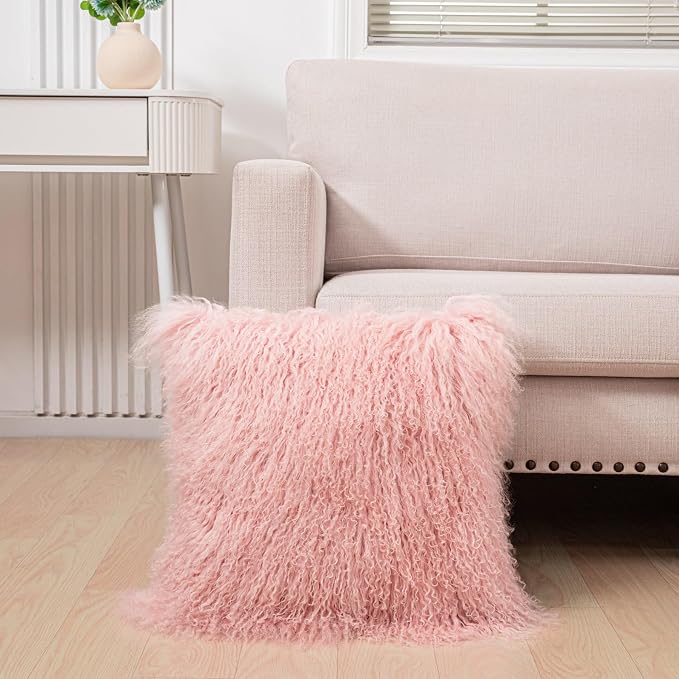 Real Tibetan Mongolian Lamb Fur Pillow Cover Sheepskin Wool Fur Decorative Throw Pillow Case Cushion Cover,Pink, 16''x16''