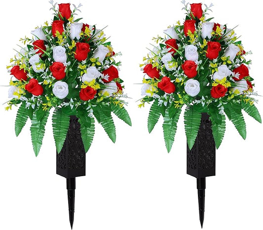 LVXINLI Artificial Cemetery Flowers, Gravesite Decoration Roses, Memorial Bouquets with Cemetery Vase, Vibrant and Long-Lasting Colors (Red + White, 2 Bundles)