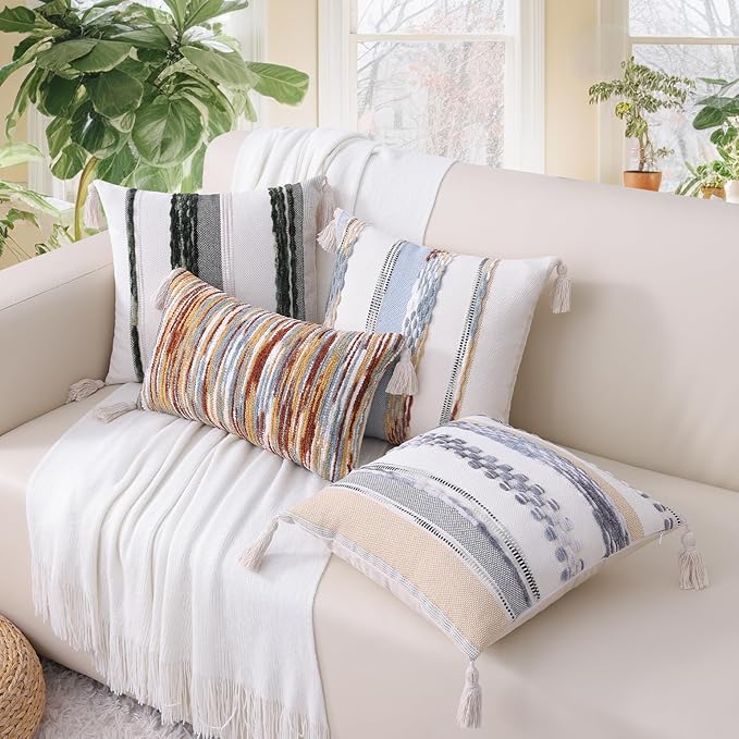 Simmore Boho Decorative Throw Pillow Covers 18x18 Set of 2, Tufted Farmhouse Pillow Covers with Tassels for Cozy Bohemian Couch Sofa Bedroom Home Decor, Grey