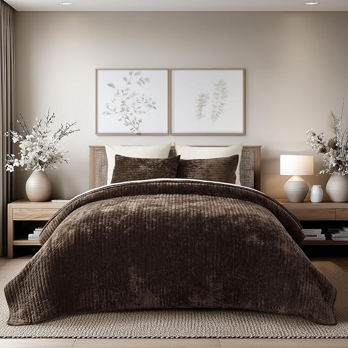 EverGrace Velvet Quilt Set Queen Size, Luxurious Soft Striped Channel Bedding Set, Lightweight Velvet Comforter for All Season, Oversized Bedspread Coverlet with 2 Matching Shams, Walnut Brown