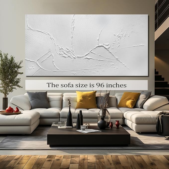THRLVEART Large Paintings for Living Room White Abstract Art Wall Decor for Dining Room Huge Home Ofiice Decor 47 x 95 Inch