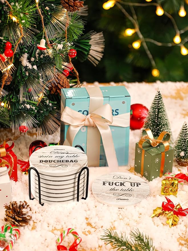 White Elephant Gifts for Adults, Funny Coasters Set of 8, Funny Gag Gifts for Adults, Christmas House Warming Gift New Home, Marble Style Absorbent Drink Coasters with Cork Base, Home Decor, 4 inches