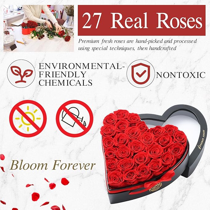 HERBMOTG 27 Forever Real Roses in Heart-Shaped Box with a Curved Design, Grade A Quality-Preserved Roses for Birthday, Mothers Day & Valentines Day (Red)