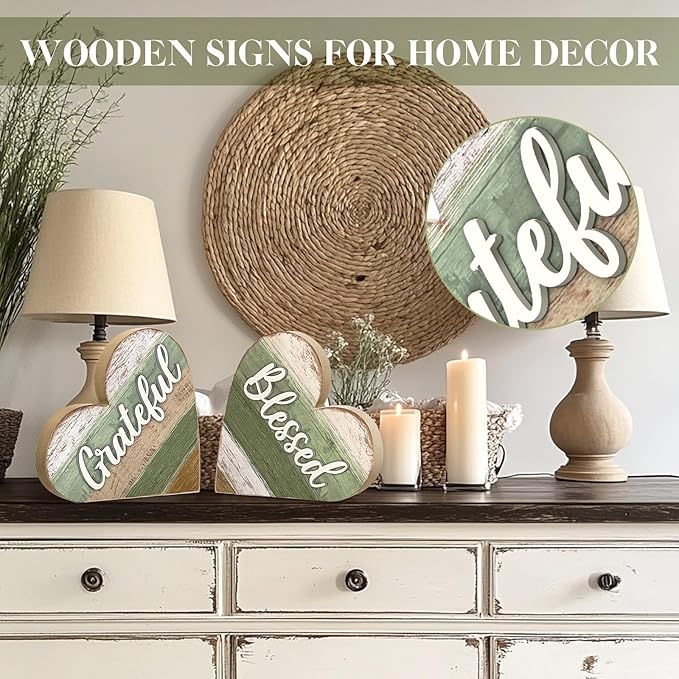 Jetec 2 Pcs Rustic Wooden Heart Table Decor, Daisy Farmhouse Home Decor, Bless This Home & Be Kind Sign for Living Room, Dining Room, Shelf & Mantel, Ideal Housewarming & Birthday Gift(Blessed Style)