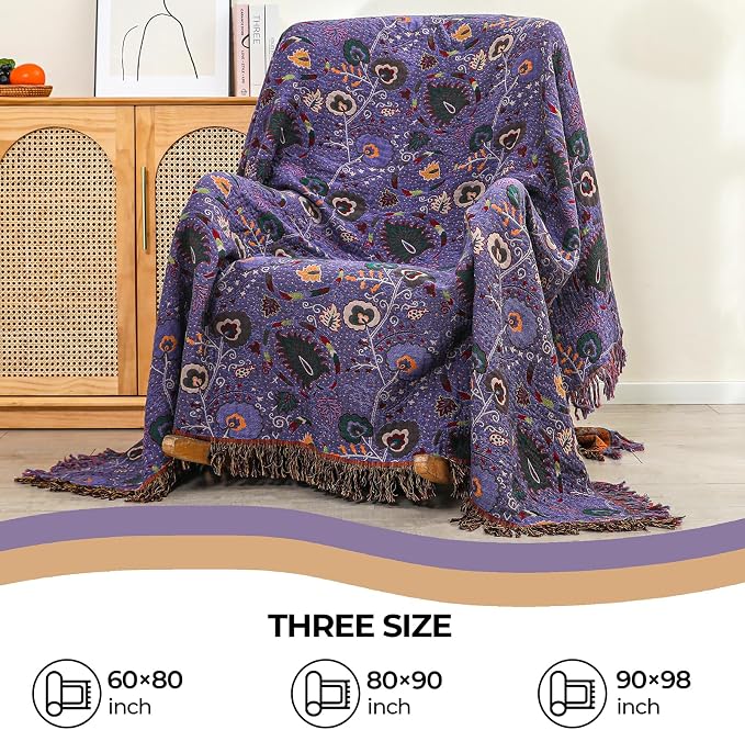 Summer Boho Throw Blanket 90" x 98" 100% Cotton Ultra Soft Breathable Muslin Blanket for Adult 4-Layer Gauze Woven Floral Farmhouse Decor Rustic Quilt for Couch Sofa Gift for Man Woman Purple Flowers