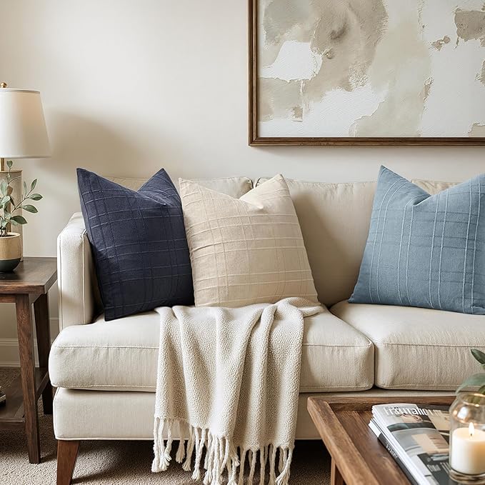 MIULEE Decorative Linen Check Throw Pillow Covers Neutral Farmhouse Vintage Pillow Covers 18x18 Set of 2 Boho Modern Home Decor for Sofa Couch Bedroom Cushion Navy Blue