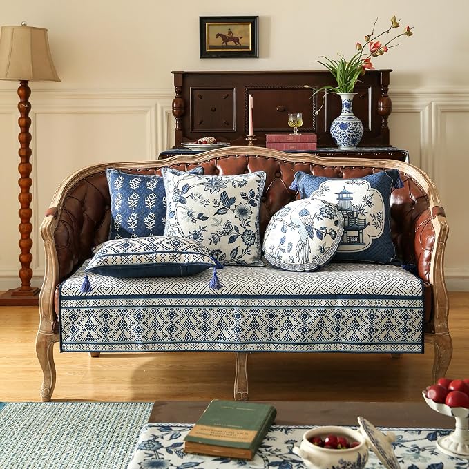 bilin gaier Vintage Round Linen Throw Pillow Cover,Diameter 16"-Suqing A | Designer Elegant Pillow Cover,Concealed Zipper Design,Blue Floral and Bird Pattern,Sofa,Bedroom,Living Room,Chairs