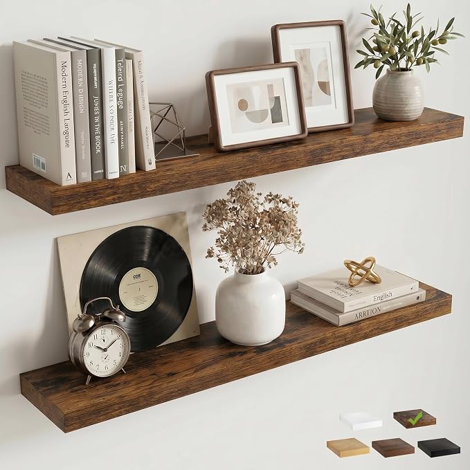 Venusmiles Floating Shelves for Wall, 36 Inch Floating Shelves Set of 2, 6.5" D Wooden Wall Mounted Display Shelves with Invisible Brackets for Living Room, Bedroom, Bathroom, Kitchen Decor, Brown