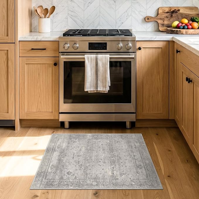 Washable 2x3 Entryway Rug, Non Slip Low Pile Small Area Rug for Front Door, Kitchen & Bathroom, Mineral-Inspired Marble Pattern Neutral Gray Floor Mat