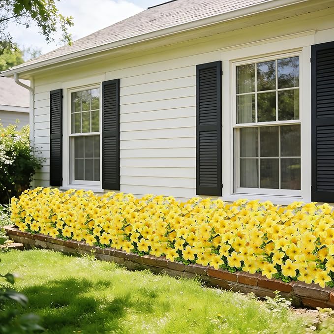 20 Bundles Artificial Petunias Flowers for Outdoors, Faux Silk Flowers UV Resistant Realistic Fake Plants for Outside Planters Porch Patio Yard Garden Spring Summer Home Decor, Yellow