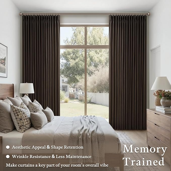 Dark Chocolate 90 Inch Pinch Pleated Linen Curtains 2 Panels Set for Living Room Bedroom Boho Farmhouse Light Filtering Semi Sheer Back Tab Pinch Pleat Hooks Rings Window Curtain 90 Inches Long