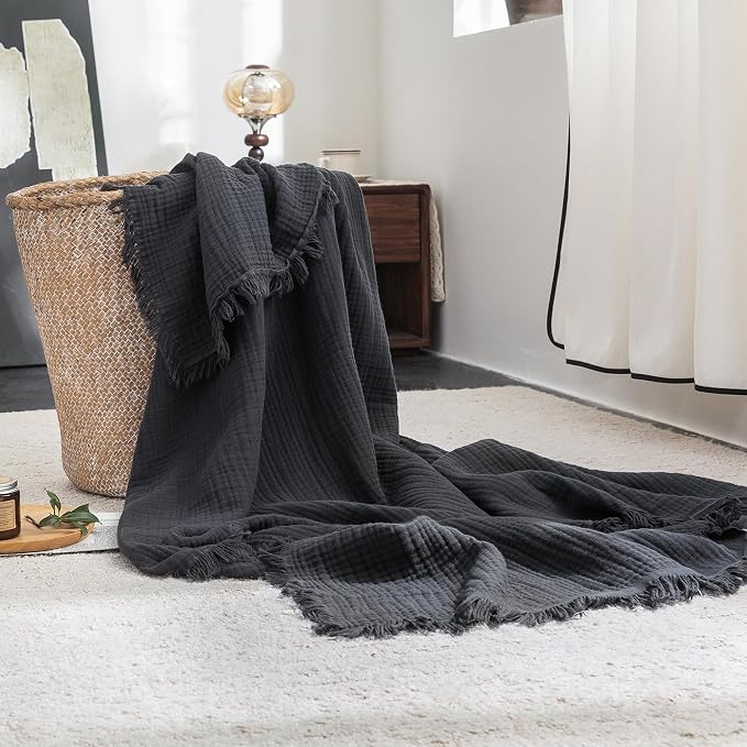 FOSSA Muslin Blanket 4-Layer 100% Cotton Gauze Blanket with Fringe 50"x60" | Super Soft Breathable Lightweight All Season & Decorative Blanket or Bed, Sofa, Office (Dark Gray,Throw)