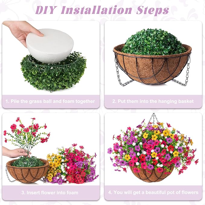INXUGAO Artificial Silk Flowers Hanging Baskets Outdoors Indoors, Daisy with Eucalyptus Leaves Arrangement for Garden Yard Spring Summer Decor Faux Green Plant Metal Coconut Lining